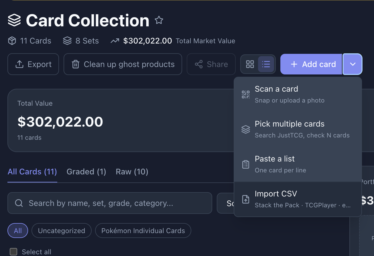 Add card dropdown with four options